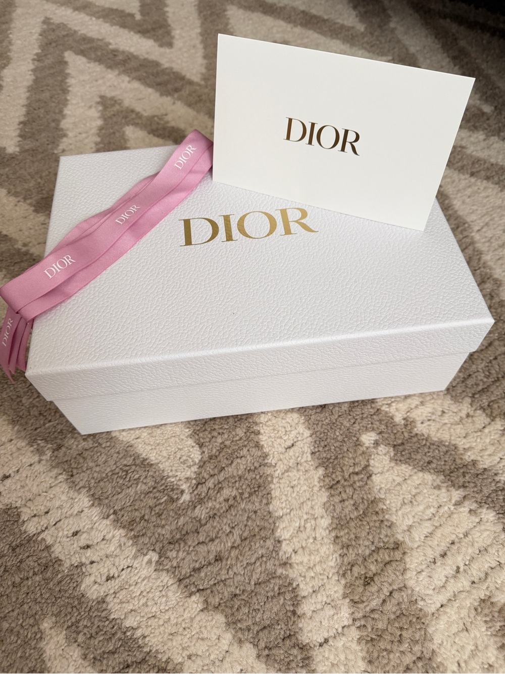 Dior White Box with Gold Logo and Pink Ribbon